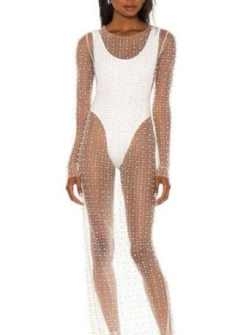Beach Bunny White Sheer Pearl-Embellished Long Cover-Up